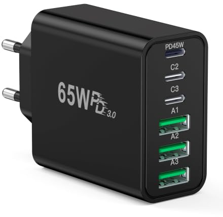 ANYKON USB C Charger, 65 W GaN Multiple Charger, 6 Port USBC Stecker Mehrfach Ladegerät PD 3.0 Power Adapter USB Netzteil für iPhone 17 16 15 14 13 12 11 Pro Max XS, Samsung, MacBook Air, iPad