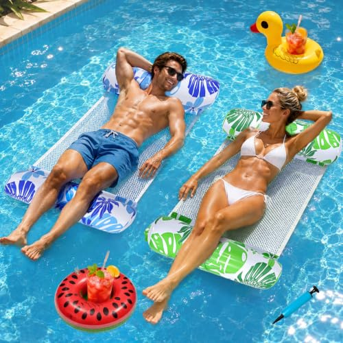 Hamaca Agua Flotante 2 Piezas con 2 Portavasos inflables y Inflador | CIYIN 4 en 1 Colchoneta Piscina Adultos, Flotadores Hinchables Piscina Plegable, Hamaca Inflable Flotante para Piscina