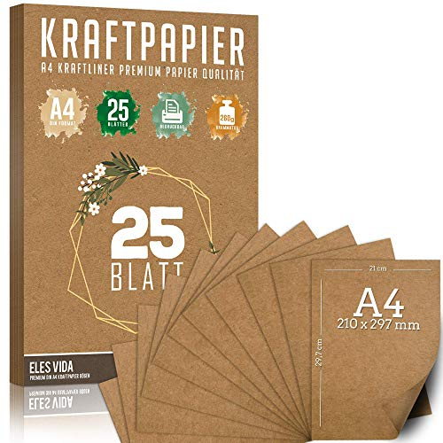 25 Blatt Kraftpapier A4 Set - 260 g - 21 x 29,7 cm - DIN Format - Bastelpapier & Naturkarton Pappe Blätter aus Kraftkarton zum Drucken, Kartonpapier Basteln für Vintage Hochzeit Geschenke Etiketten