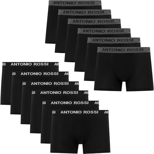 ANTONIO ROSSI (confezione da 12) boxer aderenti da uomo - Boxer da uomo multipack con elastico in vita, Nero, S