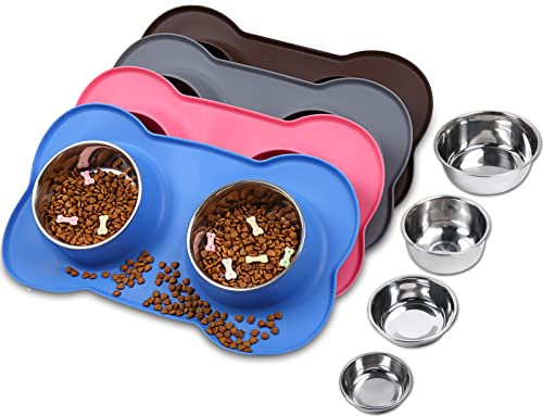 VIVAGLORY Dog Bowl Splashfree Pet Bowl, Dog Dish with Silicone Mat Placemat for Messy Eater, Double Stainless Steel Food Water Feeding Set Dishwasher Safe Spill Proof for Pet, XL, Blue