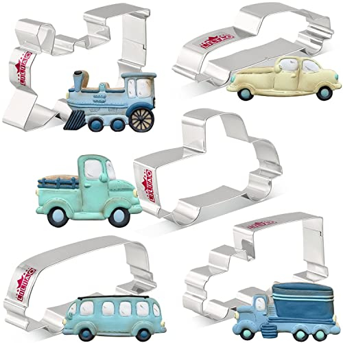 LIAO Ausstechformen-Set für den Transport – 5-teilig – Zug, LKW, Pick-Up LKW, Schlagwagen und Bus Fondant Ausstechformen – Edelstahl