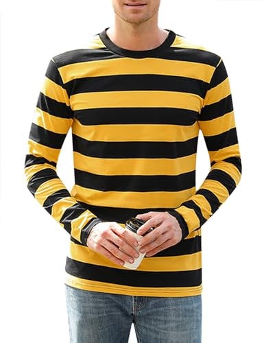 Sykooria Mens Striped T-Shirt Round Collar Slim Fit Casual Long Sleeve Pinstripe Tops