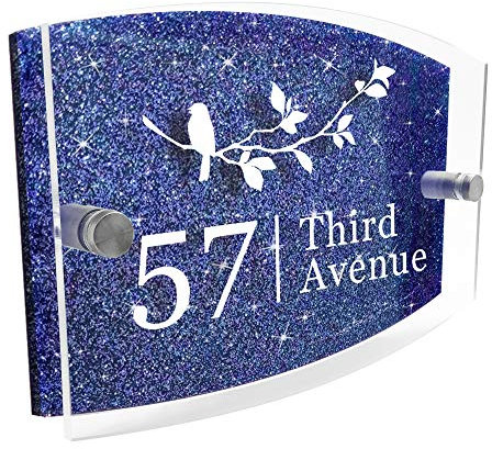 Modern House Sign Plaque Door Number | Personalised Glass Effect Acrylic Glitter Sign | Personalised House Number Hand Finished in UK (Blue, Design C)