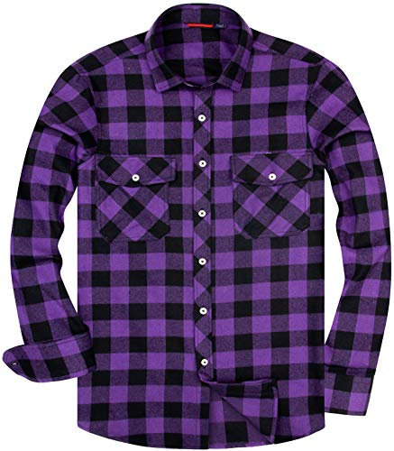 siliteelon Flannel Shirt Men Cotton Country Checked Men's Shirt Purple Regular fit Plaid Shirt Casual Lumberjack Shirt for Men Western Work