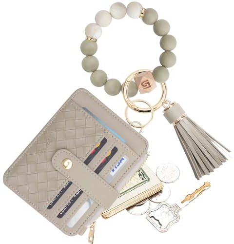 COOLANS Silicone Bracelet Wristlet Wallet Credit Card Holder RFID,ID Window,Key Ring Tassel,Slim Wallet Women Keychain Purse, Silicone Bead Bracelet+card Purse (Grey), S
