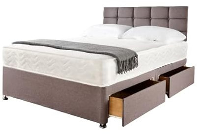 Divan Beds Deals King Size Bed Frame | Linen Fabric Grey 20 Inch Cube Headboard | 10 Inch Spring Memory Foam Mattress with 2 Drawers