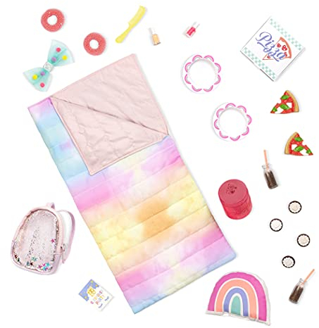 Glitter Girls Puppenzubehör – Übernachtungsparty Zubehör Set mit Schlafsack, Rucksack und mehr – Accessoires für 36 cm Puppen, Puppenhaus Puppenmöbel Spielzeug für Kinder ab 3 Jahren