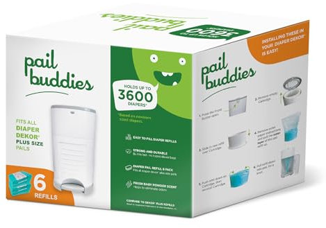 Pail Buddies Windeleimer-Nachfüllpackungen, kompatibel mit Dekor Plus Windeleimer, starke, langlebige Windeleimer-Nachfüllpackungen mit frischem Babypuderduft, 6 Stück