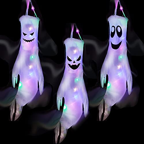 3 StüCk Halloween WindsäCke Geist Windsack HäNgen Dekoration, Mit WarmweißEn Led Lichtern, Biegbar Geisterflagge Windsocken Geistergesicht, FüR Zuhause, Hof, Terrasse, Rasen, Garten (TypA)
