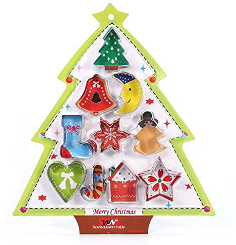 Juego de Cortadores de Galletas Navideñas de 10 Piezas Navidad Moldes para Galletas Moldes 3D de Galletas de Acero Inoxidable Moldes de Galletas Cortador copos de nieve, árbol de Navidad, Papá Noel