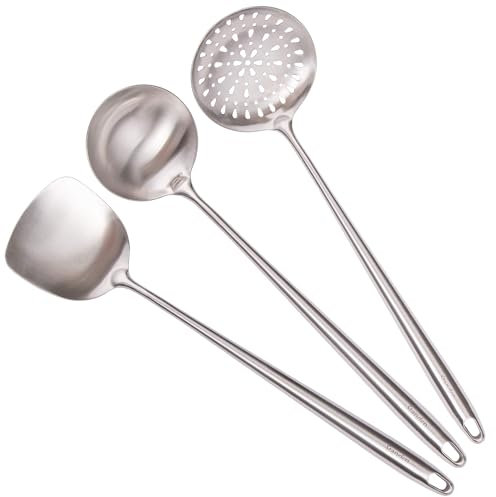 17” Wok Spatula and Ladle, Skimmer Spoon - 304 Stainless Steel Wok Tools Set, 3-Pieces Extra Long Handle Cooking Tools, All Metal Wok Utensils and Wok Accessories for Cast Iron/Carbon Steel Wok