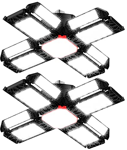 200W LED Garagenleuchte Werkstattlampe Garagenbeleuchtung 2 PCS - 20000LM 6500K Verformbare Deckenlampe mit 12 Verstellbaren Paneelen - E26 / E27 Bay Licht für Keller Geschäft Werkstatt Scheune Lager