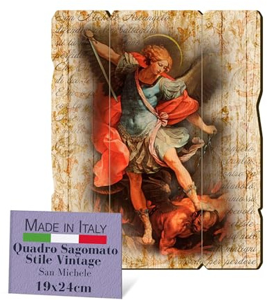 Fratelli Bonella, Bild San Michele, Vintage-Stil, Gemälde aus Pappelholz, Dicke 8 mm, religiöses Wandbild, Schlafzimmer, 19 x 24 cm, 100 % Made in Italy