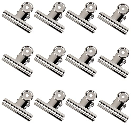 GUOKOFF 50mm Bulldogge Clip Große, 12 Stück Metall Scharnier Clips, Silber Edelstahl Papierbinder, Bulldog Binder Clips Büroklammern für Bilder, Fotos, Küche und Büro
