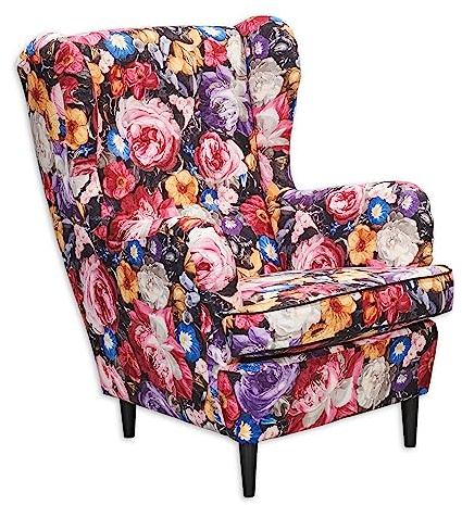 LAUREL Ohrensessel mit geknöpfter Polsterung und floralem Muster - Vintage Wohnzimmer Sessel mit Massivholz Füßen - 78 x 102 x 98 cm (B/H/T)