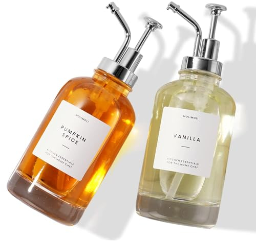 MoliMoli Lot de 2 distributeurs de sirop de café pour bar à café, distributeur de sirop en verre avec pompe, bouteilles de sirop d'érable/café, distributeur de sirop simple avec étiquettes de sirop de