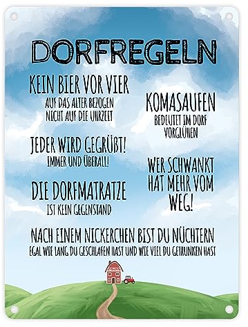 Dorfregeln für Dorfkinder Metallschild in 15x20 cm Blechschild mit lustigen Dorfsprüchen witzige Dekoration für Garten oder Terrasse lustige Sichtweise auf das Dorfleben