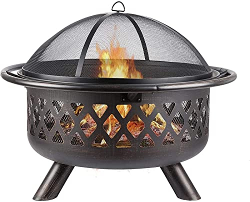 Garten-Feuerstelle, Grillschale, Grillgestell, kleine Feuerstelle, Feuerstelle im Freien mit BBQ-Grillregal, Feuerschale mit Funkenschutzgitter, extra inklusive Schürhaken und Abdeckung, Garten-T