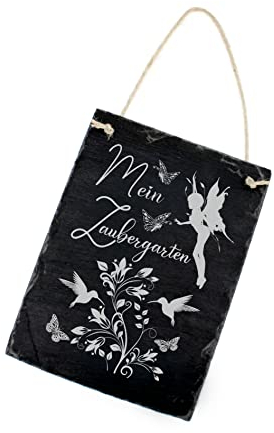 Schiefertafel Mein Zaubergarten - Schild Fee, Blumen, Kolibris und Schmetterlinge - Garten Schild Türschild Türdeko - 16 x 22 cm