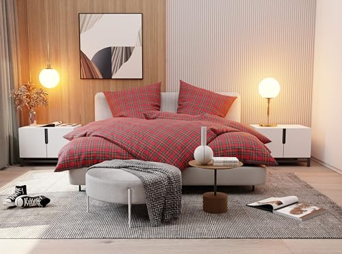 Bettwaesche-mit-Stil Flanell Bettwäsche Schotten Tartan rot (Garnitur 135x200 + 80x80)