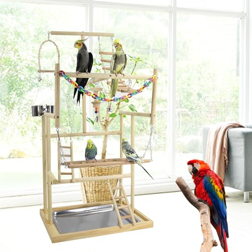 Treesunshine 4 Schichten Parrot Playstand, Vogelspielplatz Großer, Wellensittich Spielzeug, Bird Playground, Papagei Vogel Spielplatz Holz, für wellensittiche, Parrot playstand, 94.5 * 44 * 33.5cm