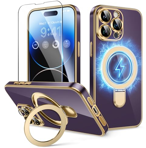 GVIEWIN Kompatibel mit iPhone 15 Pro Max Hülle mit Magnetischer unsichtbarer Ständer 6,7 2023,[kompatibel mit MagSafe][mit Schutzfolie][Militärischer Schutz] Stoßfest Kratzfest Handyhülle, Dunkellila