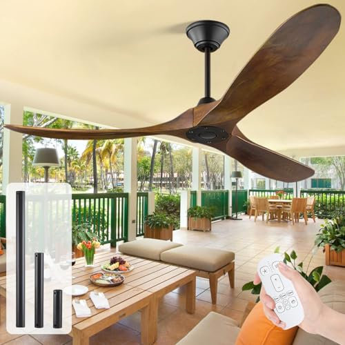 MSHENUED 60 Inch Outdoor Ceiling Fan Without Light, Rustic Wood Ceiling Fan with Remote, 6 Speeds Reversible DC Motor, Outdoor Ceiling Fans for Patios Waterproof, 3 Downrods, Timing Function
