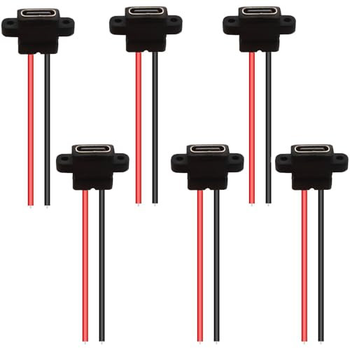 RUNCCI-YUN 6PCS USB-C Female Chassis 2Pin Jack Waterproof Pigtail Extension Power Cable - Panel Mount Connector - 3A Charger - Black