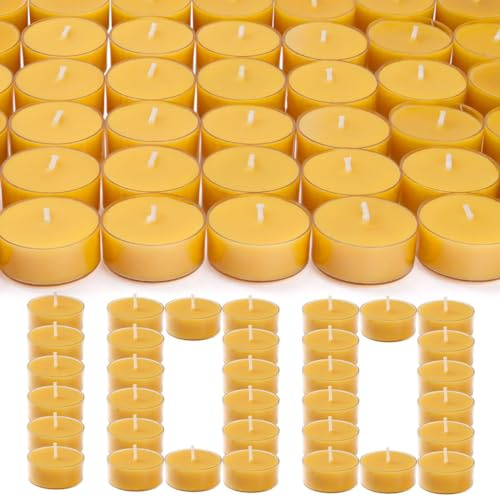 100 Stück reine Bienenwachs-Teelichter, natürliche, geruchlose Bienenwachskerzen in Großpackung, sauberes Abbrennen, Gelb