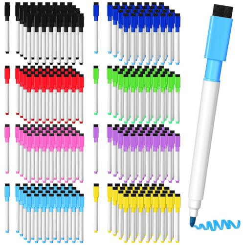 JNJOOD Magnetische, trocken abwischbare Whiteboard-Marker mit Spitze, Whiteboard-Marker mit Radierkappe, für Schule, Büro, Zuhause (mehrfarbig), langlebig, hohe Qualität, 200 Stück