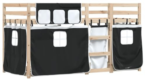 vidaXL Etagenbett, Kinderbett mit Vorhängen Leiter, Hochbett Spielbett für Kinder ab 6 Jahren, Doppel Stockbett Bett, Weiß Schwarz 80x200cm Massivholz Kiefer