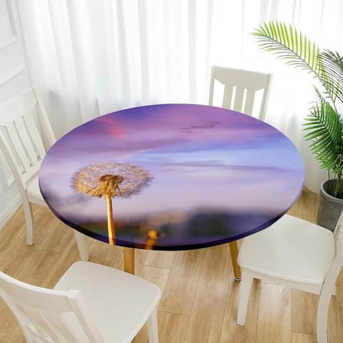 Morbuy Rund Tischdecke Elastisch, Löwenzahn Drucken Lotuseffekt Tischdecke Rund Tischdecken Abwaschbar Gartentischdecke Indoor Outdoor Tischtuch (Für Tisch 160-170 cm,Lila)
