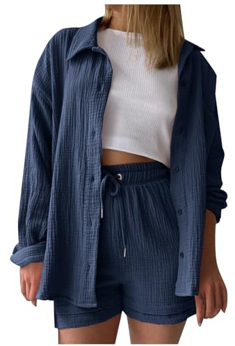 Zweiteiler Damen Sommer Elegant Musselin Bluse Hemd und Shorts Clothes Aesthetic Zweiteiler Lounge Set Strand Outfit Set Two Piece Set Women Mode Leicht Outfits Kleidung 2 Teiler Set Y2k Clothes