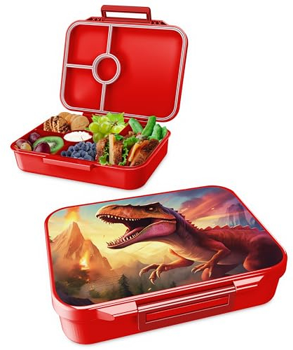Jarlson® Brotdose für Kinder mit 4 Fächern BILLI - mit EXTRA Verschluss - TÜV geprüft - Lunchbox aus Tritan - Bento Box auslaufsicher – Jausenbox für Kindergarten, Schule DINOSAURIER ROT