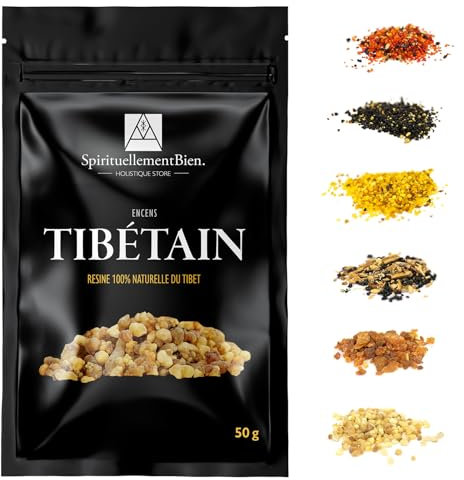 Encens Parfumés aux huiles essentielles Naturelles Tibetain résine parfumées & Authentique en Grain 50gr pour Fumigation Brule Parfum ou Encensoir Méditation, Purification et Harmonie