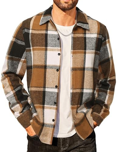 COOFANDY Herren Flanellhemd Holzfäller Regular fit Karierte Freizeithemd Baumwolle Winter Warmes Hemdjacke Khaki & Weiß & Schwarz XL