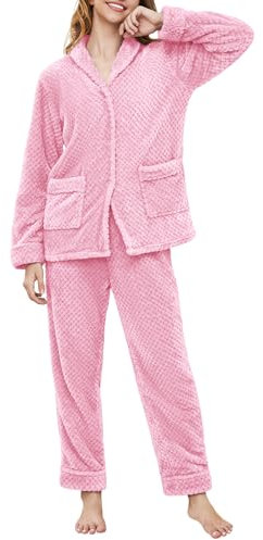 RITOSTA Pyjama Polaire Femme Hiver Ensembles de Pyjama Chaud Doux Pyjamas Manche Longue Vêtements de Nuit Revers Loungewear avec Poches(Rose,L)