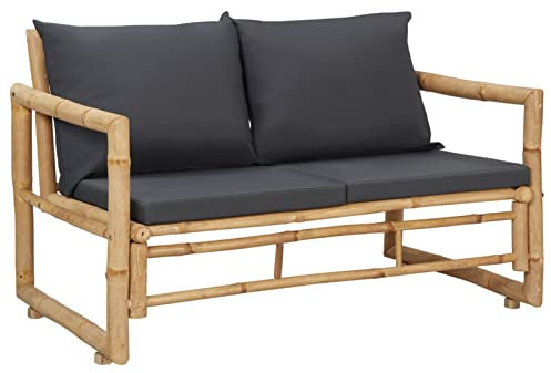 Homgoday Canapé de jardin, meubles de jardin en bambou, petit canapé de terrasse, banc de jardin avec coussins rembourrés, 2 places avec coussins en bambou gris