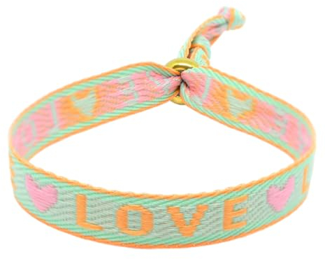 Selfmade Jewelry - Statement Festival Armband Stoff Armband Damen Stoffarmbänder in Pink für Festival Outfit Damen (HAPPINESS (Pink-Orange-Grün)) (LOVE (Grün-Orange))