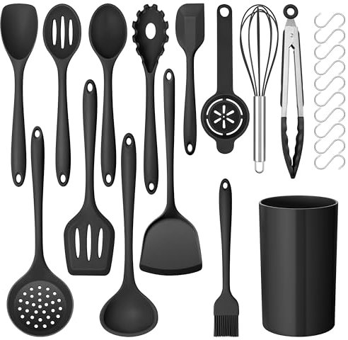 Onader Black Kitchen Utensils Set, 24 Pcs Silicone Cooking Utensils with 10 Hooks, Heat Proof Kitchen Tools Include Spatula Spoon Turner Tong for Non-Stick Cookware