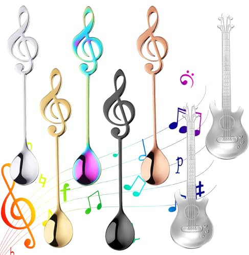 Qaestuan 7 Pezzi Tema Musicale Cucchiaini da Tè, Cucchiaino da Caffè in Acciaio Inox, Cucchiaini da Caffè per Chitarra per Musica Nota, Lavabile in Lavastoviglie, per la Casa, la l'hotel