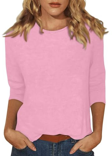 Cotton 3/4 Sleeve Tops Women Womens Lightweight Solid Color Tops 3/4 Sleeve Casual Gym Fashion Daily T-Shirts Ladies Summer Round Neck Blouses 01-Pink XL