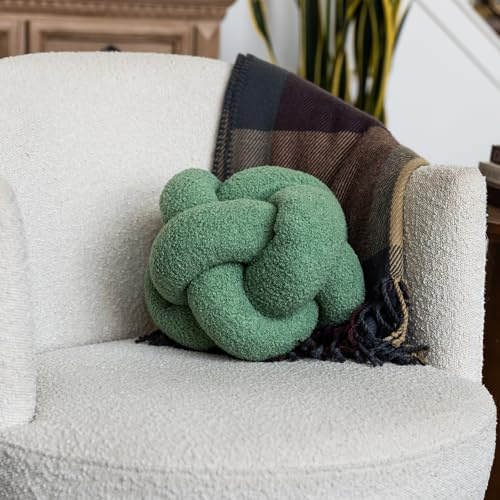 SAMIAH LUXE Sage Green Teddy Boucle Knot Pillow Ball 12, Permanently Stitched Knotted Decorative Throw Pillow, Natural Kapok Fill, Round Accent Pillow for Couch Sofa Bed, Boho Home Decor