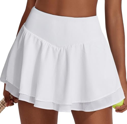 PINSPARK Tennisröcke Damen Tennisrock mit Shorts Frühling Golf Tennis Faltenrock Bauchkontrolle 2-in1 Workout Laufen Knielang Sports Skort Weiß XL