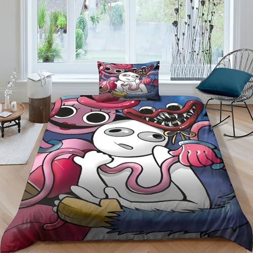 Poppy Playtime Bettbezug Set Für Kinder Mädchen Jungen Bettwäschegarnitur 3D Gedruckter Horror Games Cartoon Reissverschluss Und Kissenbezüge Weich Microfaser Bettwäsche 2 Teilig Single(135x200cm)