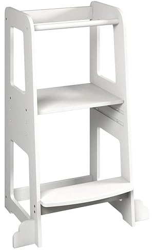 URBNLIVING 90cm Tall White Wooden Kitchen Step Kids Toddler Baby Learning Tower for Counter Bathroom Sink Anti-Slip Stool Protection Helper with Safety Protective Rail Durable & Lightweight