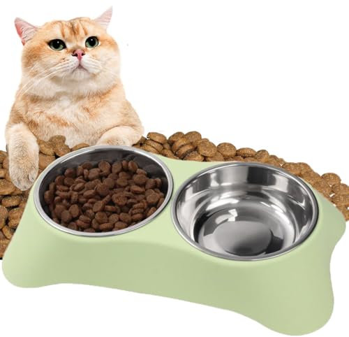 Double Dog Bowl Non Slip Non-spill Stainless Steel Double Bowls Set Detachable Pet Bowl for Cats Puppies Small Dogs Water and Food Feeder Bowls (Green)