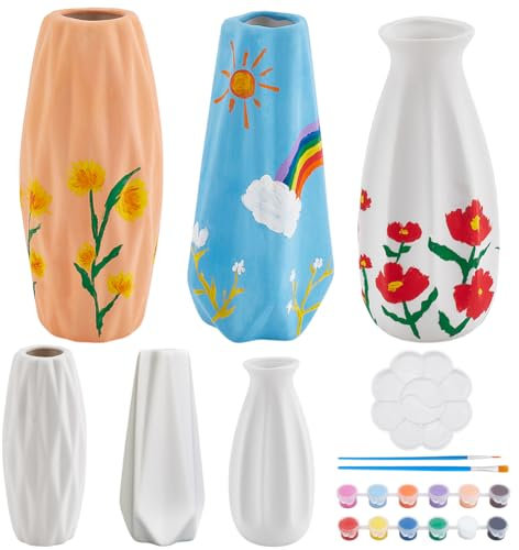 WEBEEDY 3 Ensemble de Peinture Sur Poterie pour Vase 3 Peignez Votre Propre Vase Kit de Peinture Céramique pour Adultes Vase Non Peint avec Bord en Losange pour Soirée de Peinture Artistique(3 formes)