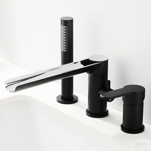 CISSIYOG Robinet de baignoire à 3 trous avec douchette extensible, bec rotatif à 360°, noir